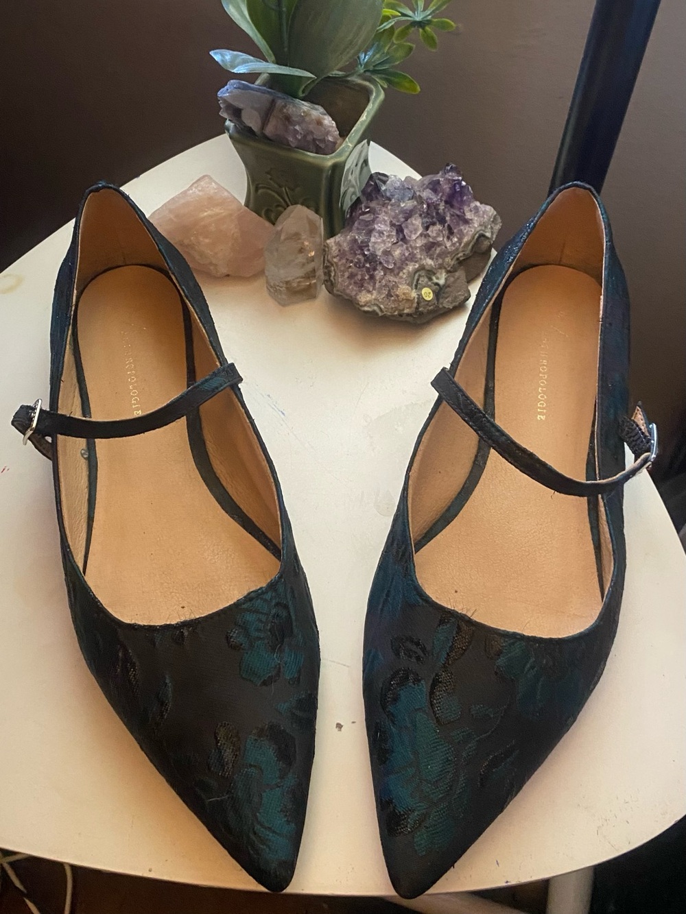 Women’s Teal Floral Pointed Mary Jane Flats